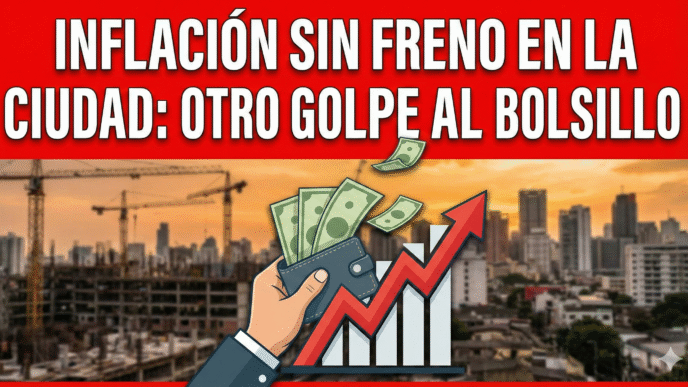 Miniatura con el título en texto blanco sobre fondo rojo: "INFLACIÓN SIN FRENO EN LA CIUDAD: OTRO GOLPE AL BOLSILLO". Debajo, una ilustración muestra una mano sosteniendo una billetera de la que salen billetes volando, junto a un gráfico de barras con una gran flecha roja ascendente. El fondo es un paisaje urbano al atardecer con grúas de construcción borrosas.
