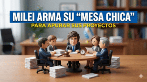 Caricatura de Javier Milei encabezando su mesa chica política para acelerar proyectos de ley y reformas.