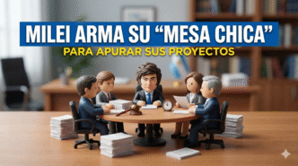 Caricatura de Javier Milei encabezando su mesa chica política para acelerar proyectos de ley y reformas.