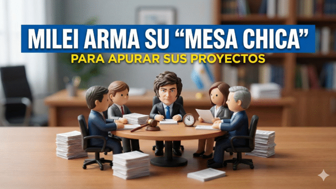 Caricatura de Javier Milei encabezando su mesa chica política para acelerar proyectos de ley y reformas.