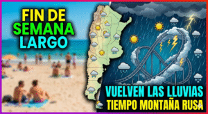 Miniatura sobre el clima en Argentina: mapa del país con iconos de lluvia y una montaña rusa bajo tormenta, contrastando con una playa soleada.