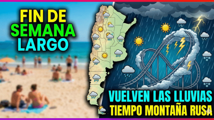 Miniatura sobre el clima en Argentina: mapa del país con iconos de lluvia y una montaña rusa bajo tormenta, contrastando con una playa soleada.