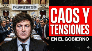 Miniatura de video dividida. A la izquierda, Javier Milei serio en primer plano con un fondo de legisladores gritando y papeles volando bajo una pancarta de "PRESUPUESTO 2026". A la derecha, texto grande en rojo y blanco que dice "CAOS Y TENSIONES EN EL GOBIERNO".