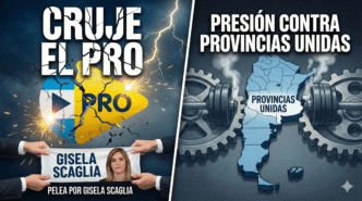 Composición gráfica con fotos de Gisela Scaglia y otros referentes del PRO, ilustrando la tensión política interna y la presión sobre Provincias Unidas.