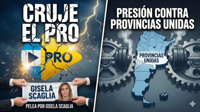 Composición gráfica con fotos de Gisela Scaglia y otros referentes del PRO, ilustrando la tensión política interna y la presión sobre Provincias Unidas.