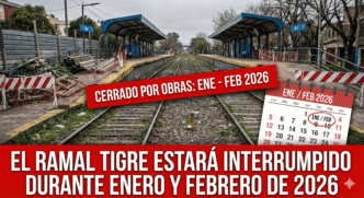 Miniatura sobre la interrupción del ramal Tigre. Muestra una estación de tren con carteles rojos que anuncian el cierre por obras en enero y febrero de 2026.