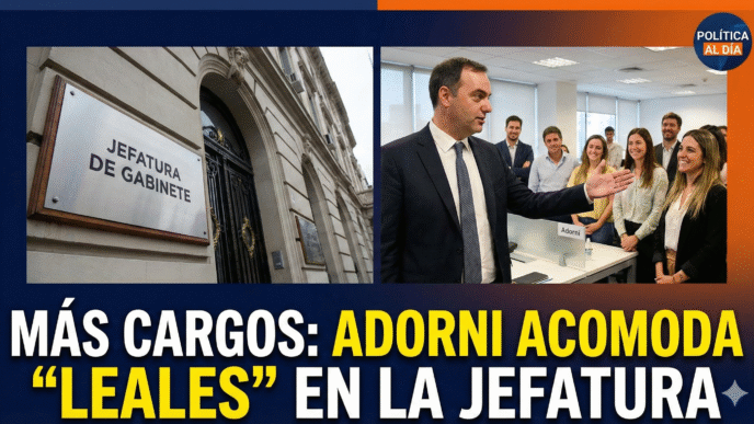 Manuel Adorni señalando a un grupo de nuevos funcionarios bajo el título Más Cargos Adorni acomoda leales en la Jefatura.