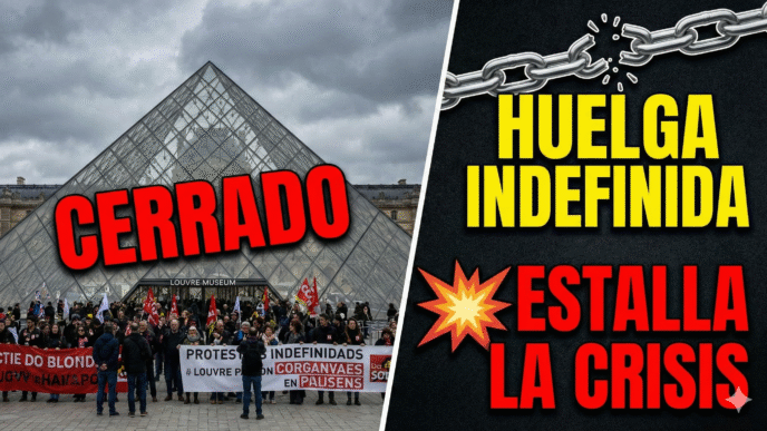 A la izquierda, el museo del Louvre con una pirámide de cristal, manifestantes y un gran texto rojo "CERRADO". A la derecha, sobre fondo negro, una cadena rota, texto amarillo "HUELGA INDEFINIDA", una explosión y texto rojo "ESTALLA LA CRISIS".
