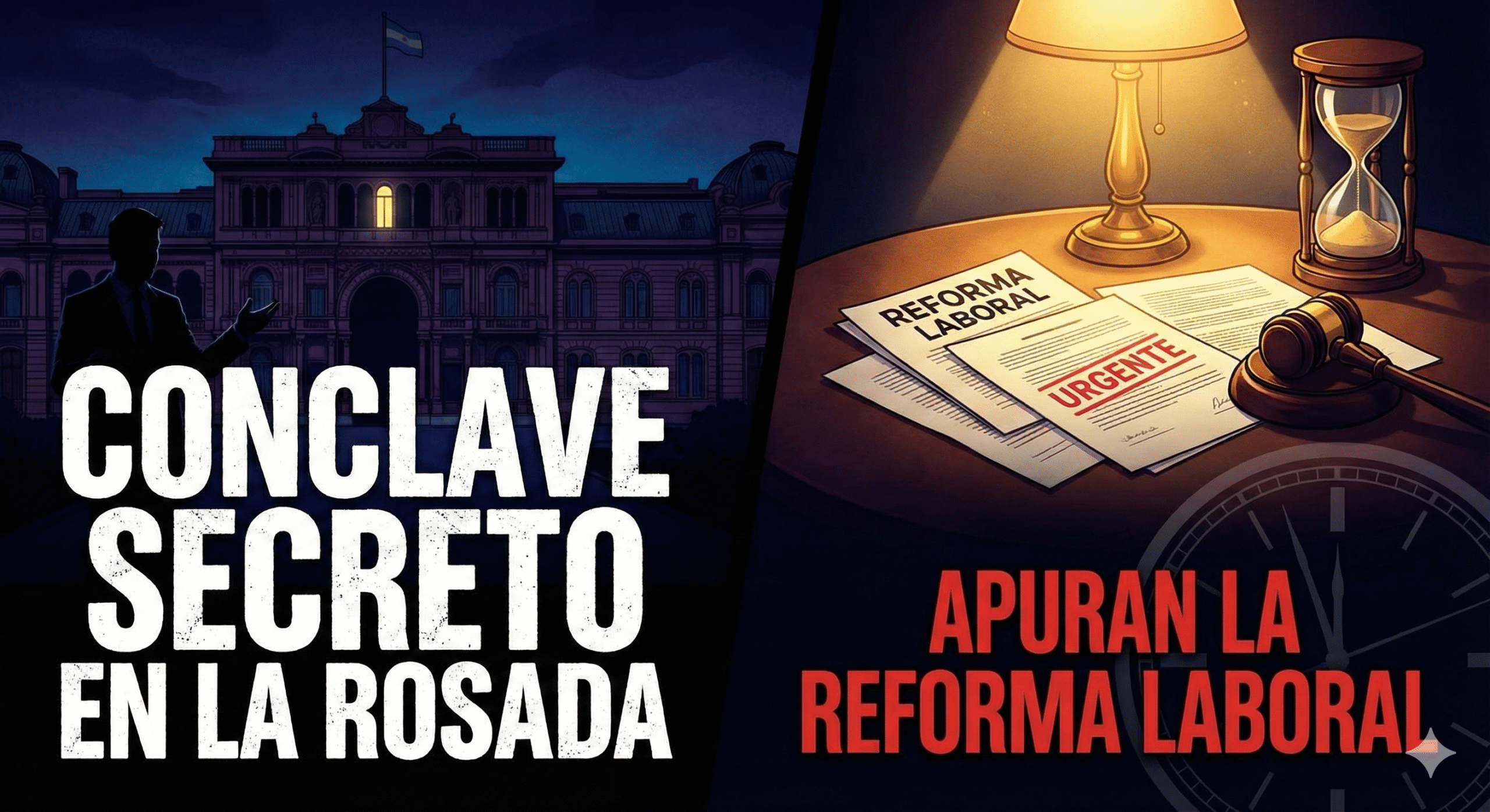 Ilustración dividida: a la izquierda, silueta de la Casa Rosada de noche con texto "Cónclave secreto"; a la derecha, documentos de "Reforma Laboral Urgente", un martillo de juez y un reloj de arena.