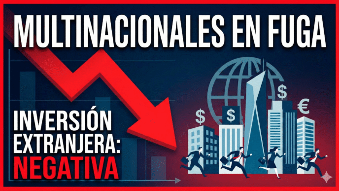 MULTINACIONALES EN FUGA, INVERSIÓN EXTRANJERA: NEGATIVA. Gráfico de una flecha roja hacia abajo y empresarios huyendo de edificios