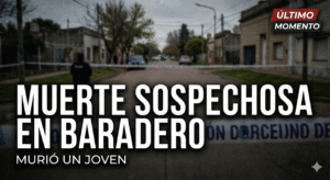 Miniatura de diario digital con texto "MUERTE SOSPECHOSA EN BARADERO" y "MURIÓ UN JOVEN", sobre una foto de una escena policial acordonada