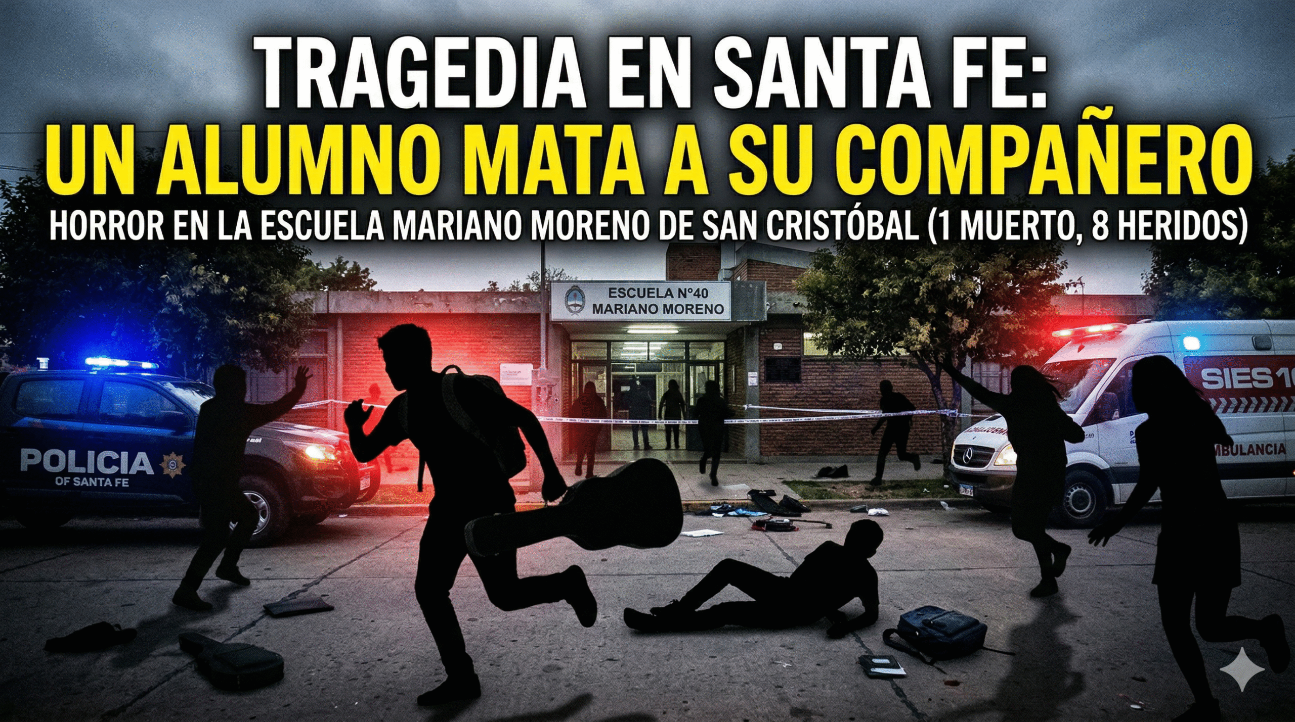 Siluetas de alumnos escapando durante la tragedia en la Escuela Mariano Moreno de San Cristóbal, Santa Fe, donde un alumno armado mató a su compañero.