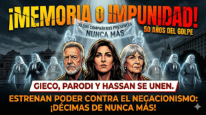 Ilustración de Georgina Hassan, León Gieco y Teresa Parodi liderando la resistencia cultural junto a las Madres de Plaza de Mayo contra el negacionismo del Gobierno a 50 años del golpe.