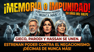 Ilustración de Georgina Hassan, León Gieco y Teresa Parodi liderando la resistencia cultural junto a las Madres de Plaza de Mayo contra el negacionismo del Gobierno a 50 años del golpe.