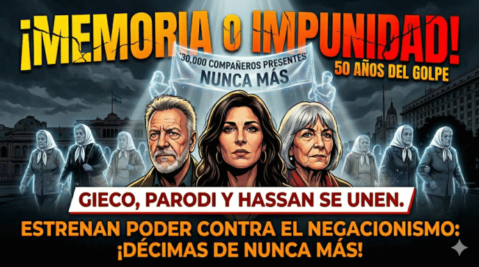 Ilustración de Georgina Hassan, León Gieco y Teresa Parodi liderando la resistencia cultural junto a las Madres de Plaza de Mayo contra el negacionismo del Gobierno a 50 años del golpe.