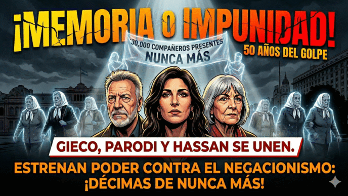 Ilustración de Georgina Hassan, León Gieco y Teresa Parodi liderando la resistencia cultural junto a las Madres de Plaza de Mayo contra el negacionismo del Gobierno a 50 años del golpe.