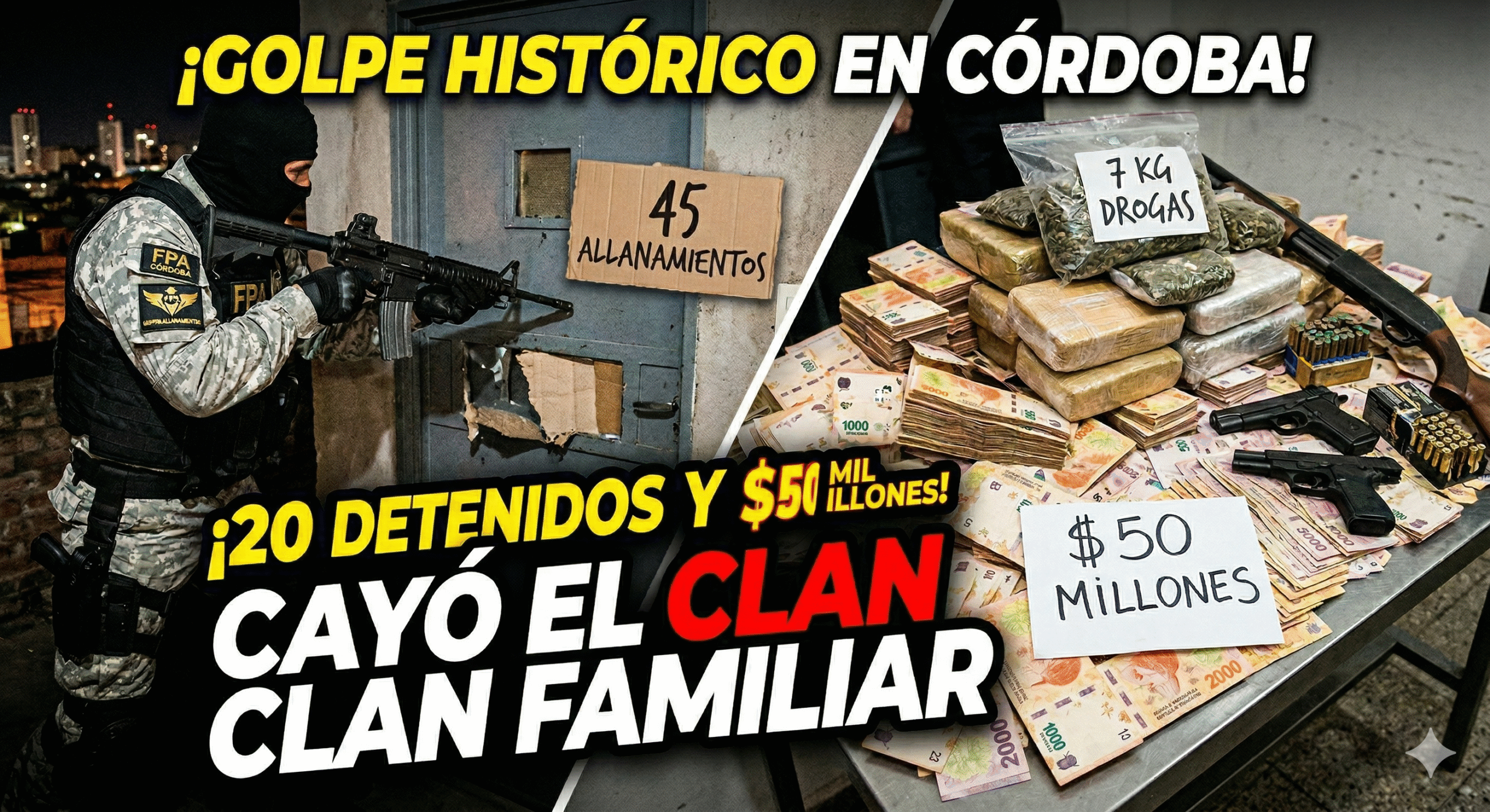 Megaoperativo FPA Córdoba narcotráfico clan familiar 20 detenidos 50 millones secuestrados drogas armas