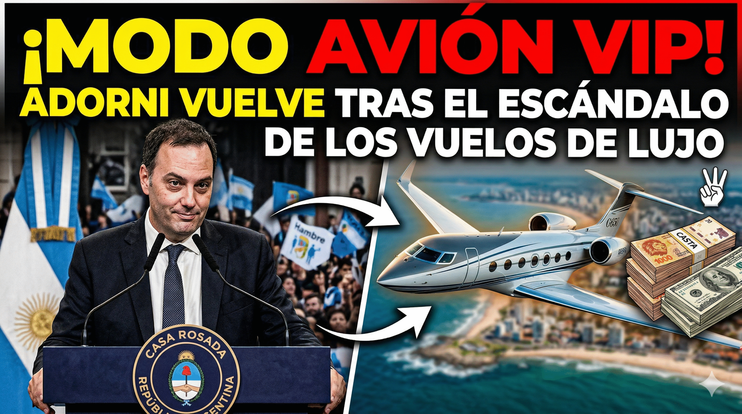 Manuel Adorni dando conferencia en Casa Rosada tras el escándalo de sus viajes en avión privado VIP junto a la casta de Javier Milei.