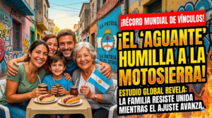Familia argentina unida demostrando el récord mundial en vínculos sociales y resistiendo el ajuste del gobierno