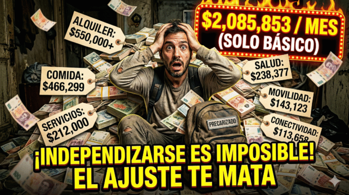 Joven argentino desesperado agarrándose la cabeza rodeado de billetes, ilustrando que cuesta más de 2 millones de pesos vivir solo debido al brutal ajuste del gobierno de Milei.