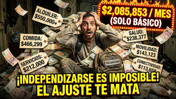 Joven argentino desesperado agarrándose la cabeza rodeado de billetes, ilustrando que cuesta más de 2 millones de pesos vivir solo debido al brutal ajuste del gobierno de Milei.