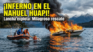 Incendio de lancha en el lago Nahuel Huapi Bariloche. Momento exacto del dramático rescate del sobreviviente que saltó al agua escapando de las llamas.