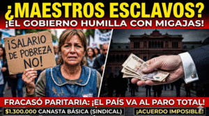 Protesta docente contra los salarios de miseria del gobierno de Milei. Maestra llorando con cartel de salario de pobreza ante el fracaso de la paritaria nacional y la amenaza de paro total.