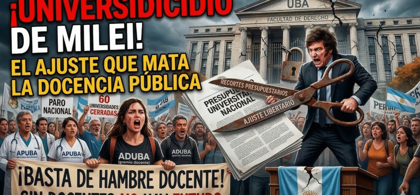 Javier Milei recortando el presupuesto de la universidad pública con tijeras gigantes frente a la UBA cerrada por ajuste, mientras docentes en huelga protestan por salarios de hambre durante el paro nacional universitario.