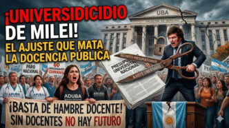 Javier Milei recortando el presupuesto de la universidad pública con tijeras gigantes frente a la UBA cerrada por ajuste, mientras docentes en huelga protestan por salarios de hambre durante el paro nacional universitario.