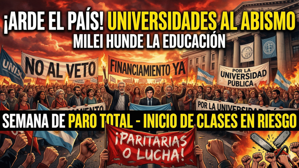 Multitudinaria protesta universitaria contra el ajuste de Milei con carteles exigiendo financiamiento, paritarias y una motosierra destruida por el pueblo.