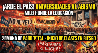 Multitudinaria protesta universitaria contra el ajuste de Milei con carteles exigiendo financiamiento, paritarias y una motosierra destruida por el pueblo.