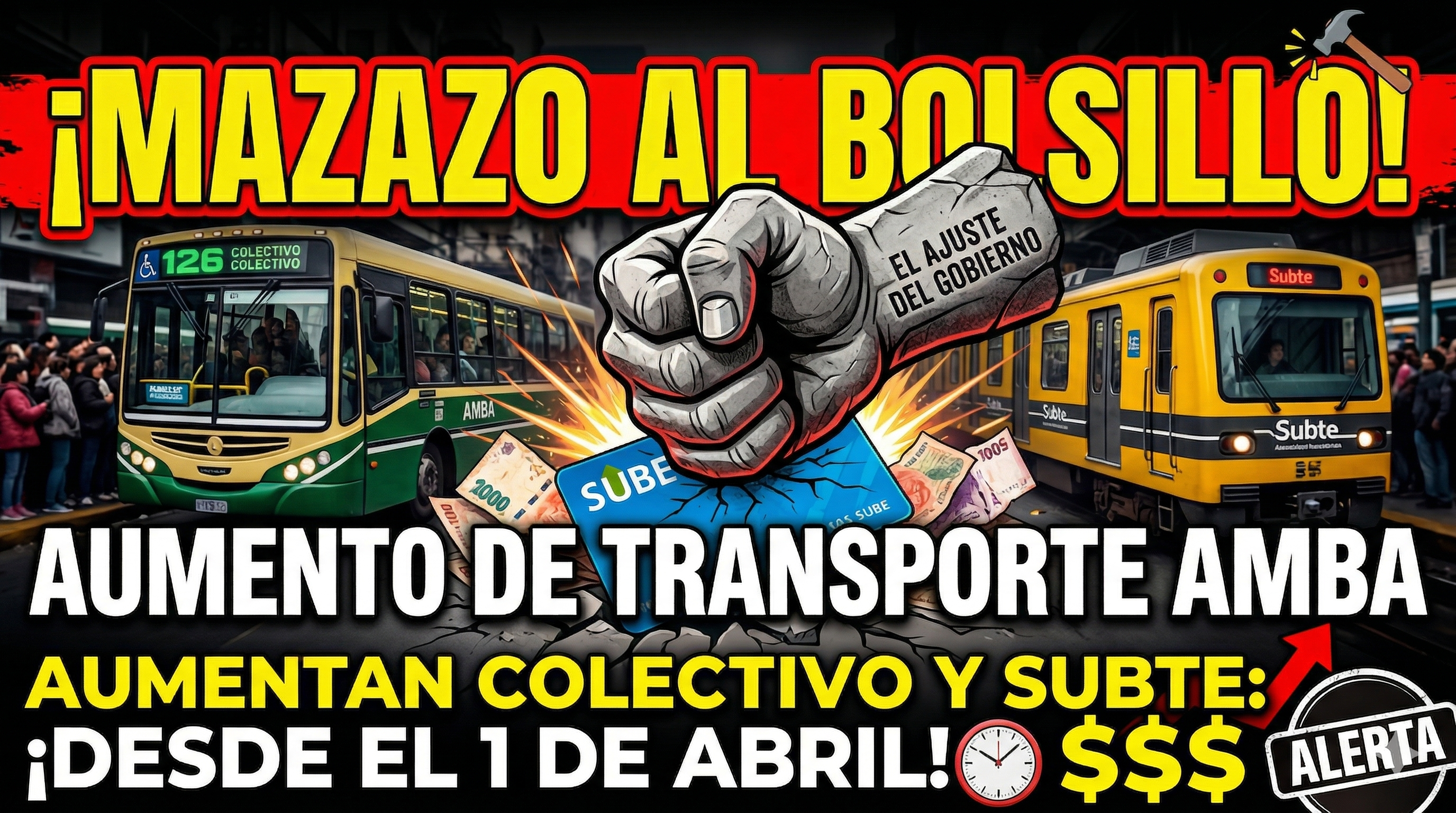 Aumento brutal de transporte colectivo y subte AMBA abril 2026. Tarifazo del Gobierno, ajuste y tarjeta SUBE.