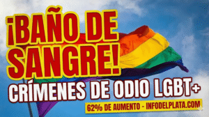 Bandera LGBT con mensaje de baño de sangre por el alarmante aumento del 62% en crímenes de odio LGBT en Argentina bajo el gobierno de Javier Milei.