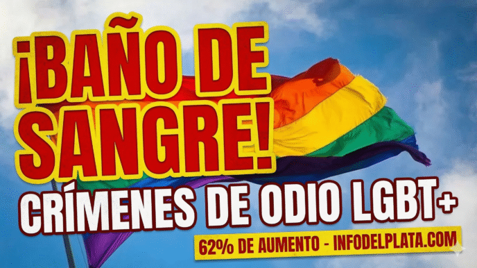 Bandera LGBT con mensaje de baño de sangre por el alarmante aumento del 62% en crímenes de odio LGBT en Argentina bajo el gobierno de Javier Milei.