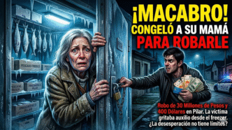 Ilustración macabra de un hombre encerrando a su madre llorando en una cámara frigorífica en Pilar tras robarle 30 millones de pesos, un trágico reflejo de la desesperación social por el ajuste del gobierno.