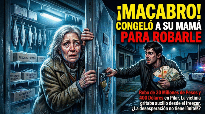 Ilustración macabra de un hombre encerrando a su madre llorando en una cámara frigorífica en Pilar tras robarle 30 millones de pesos, un trágico reflejo de la desesperación social por el ajuste del gobierno.