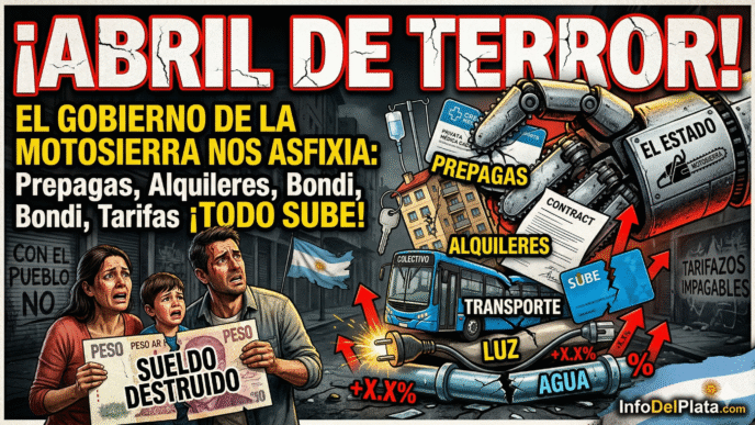 Familia argentina desesperada con sueldo destruido por la inflación frente a una motosierra del gobierno que impulsa el brutal tarifazo de abril en luz, agua, transporte, prepagas y alquileres.