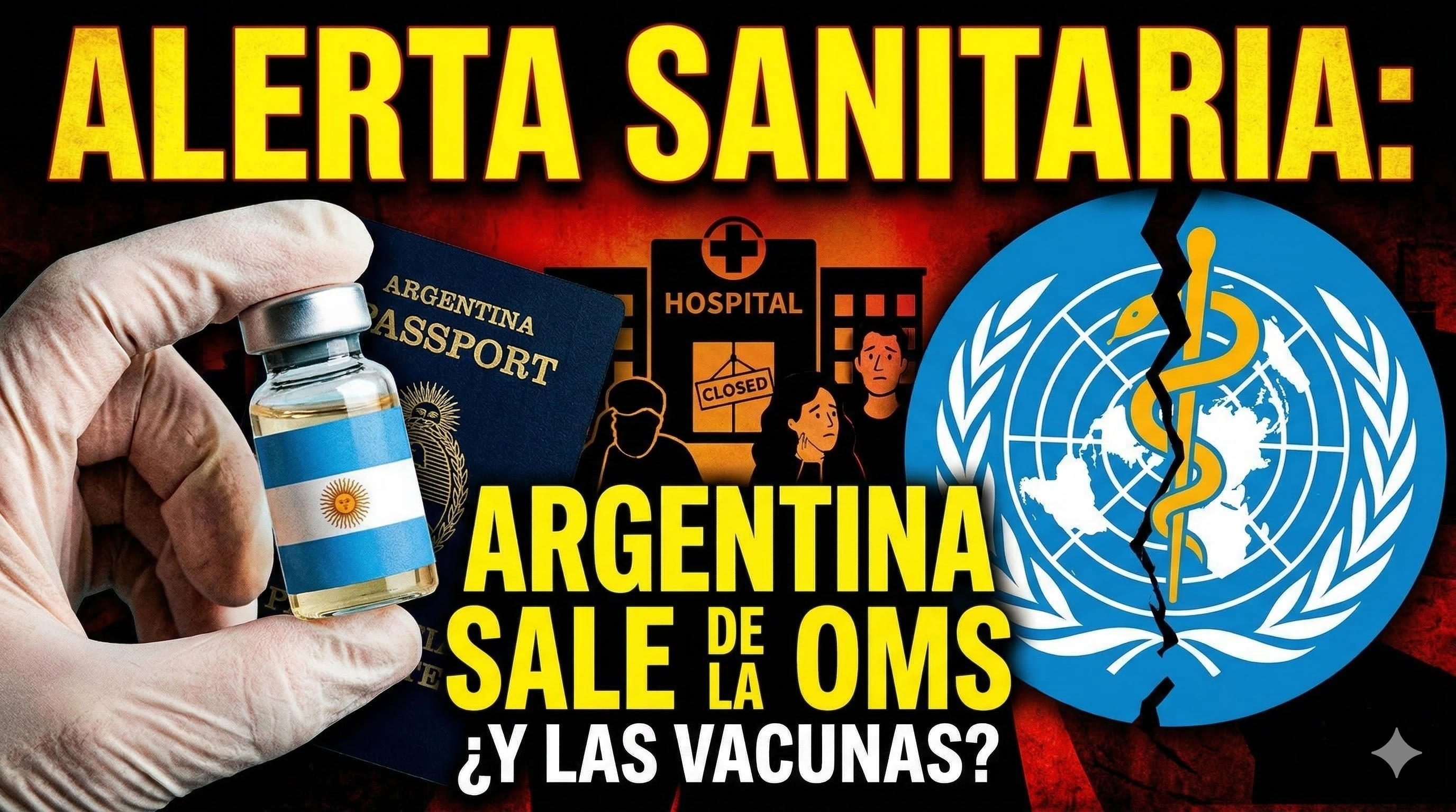 Mano sosteniendo vacuna argentina frente al logo roto de la OMS alerta sanitaria por ajuste del gobierno de Milei en salud pública