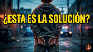 Fotografía dramática de impacto social de un menor de edad de espaldas con las manos esposadas en un barrio popular. Imagen editorial para Info del Plata sobre el debate de la baja de imputabilidad a los 14 años en Argentina. Justicia social y derechos humanos.