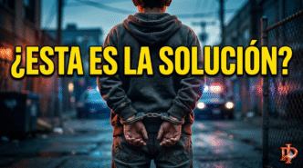 Fotografía dramática de impacto social de un menor de edad de espaldas con las manos esposadas en un barrio popular. Imagen editorial para Info del Plata sobre el debate de la baja de imputabilidad a los 14 años en Argentina. Justicia social y derechos humanos.