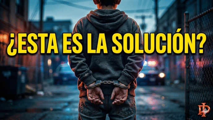 Fotografía dramática de impacto social de un menor de edad de espaldas con las manos esposadas en un barrio popular. Imagen editorial para Info del Plata sobre el debate de la baja de imputabilidad a los 14 años en Argentina. Justicia social y derechos humanos.