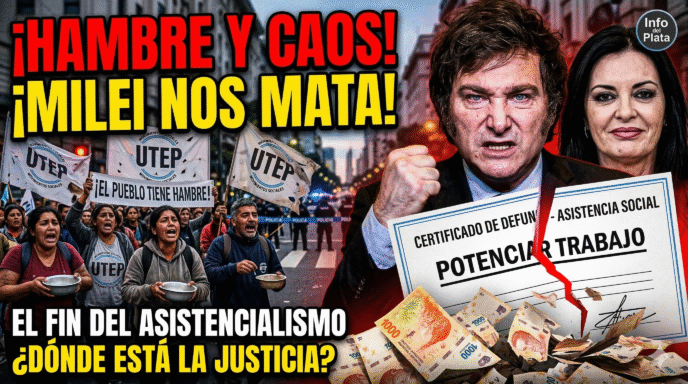 Protesta de la UTEP y movimientos sociales contra Javier Milei y Sandra Pettovello por el fin del Potenciar Trabajo y el hambre en los barrios.