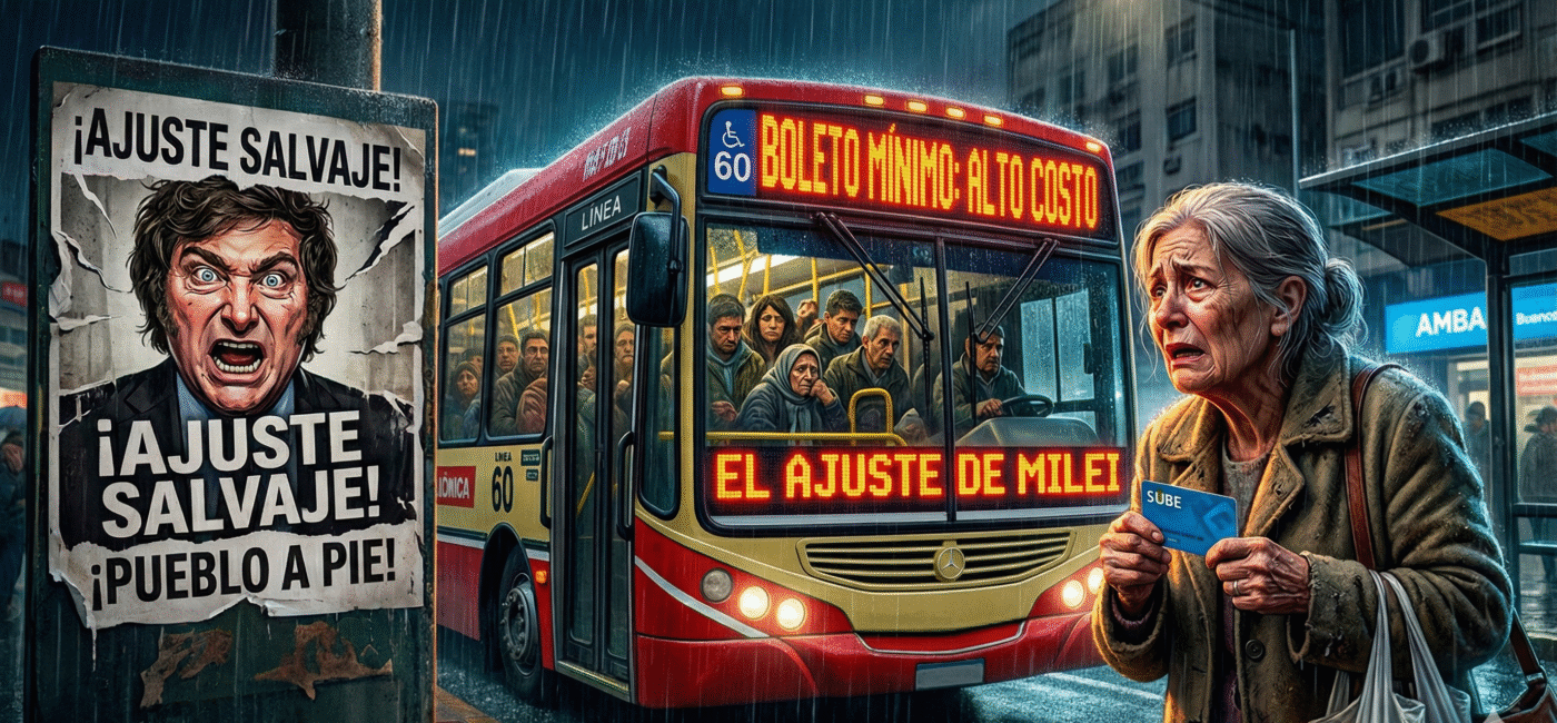 Pasajeros angustiados bajo la lluvia frente a un colectivo del AMBA, ilustrando el brutal aumento del boleto a 1500 pesos por el ajuste del gobierno de Milei.