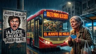 Pasajeros angustiados bajo la lluvia frente a un colectivo del AMBA, ilustrando el brutal aumento del boleto a 1500 pesos por el ajuste del gobierno de Milei.