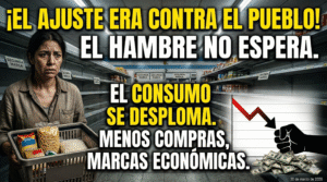 Caída del consumo en supermercados de Argentina: mujer angustiada con changuito casi vacío y góndolas desabastecidas por el brutal ajuste económico.