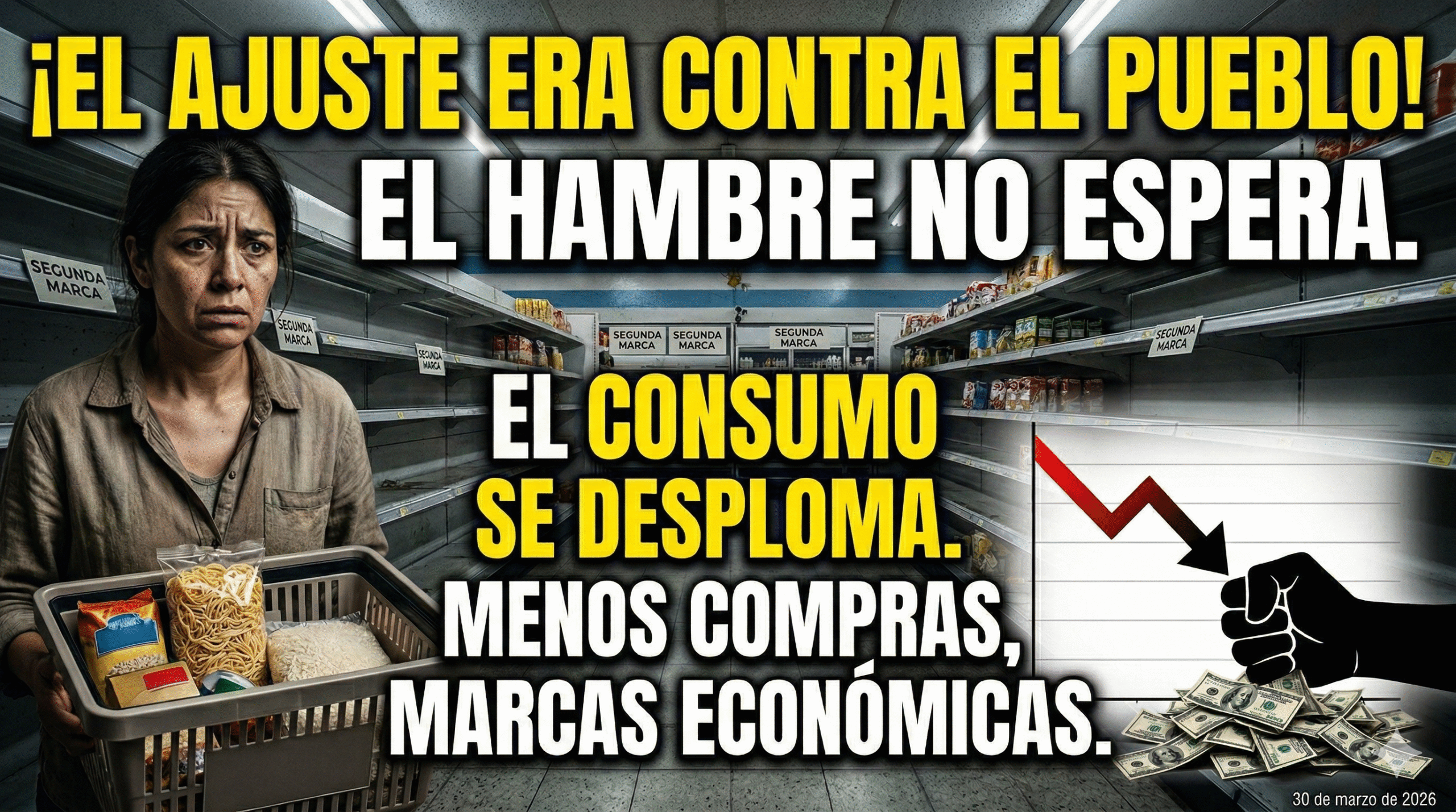 Caída del consumo en supermercados de Argentina: mujer angustiada con changuito casi vacío y góndolas desabastecidas por el brutal ajuste económico.