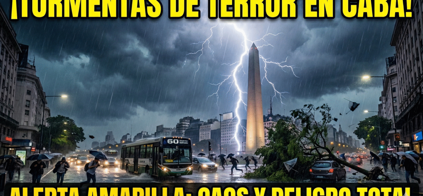 Obelisco de Buenos Aires bajo un temporal violento con rayos y calles inundadas por la alerta amarilla de tormentas.