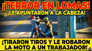 Motochorros armados apuntando a la cabeza a un motociclista durante un violento robo a plena luz del día en Lomas de Zamora marzo 2026.
