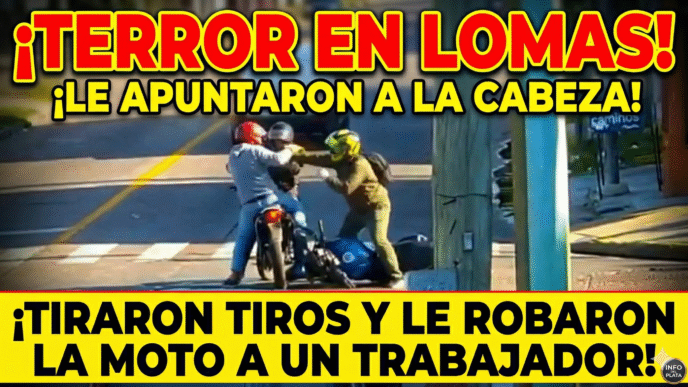 Motochorros armados apuntando a la cabeza a un motociclista durante un violento robo a plena luz del día en Lomas de Zamora marzo 2026.