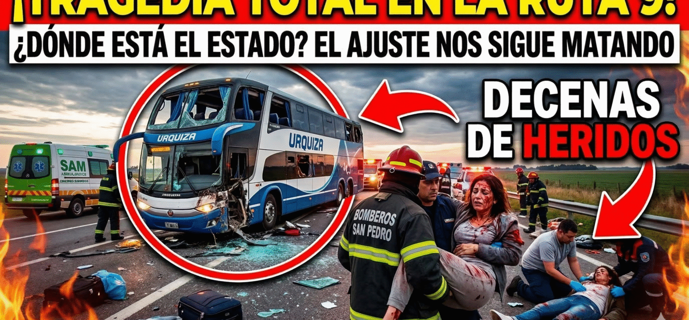 Imagen impactante del trágico vuelco de un micro de larga distancia en la Ruta 9, San Pedro. Decenas de pasajeros heridos tirados en el asfalto mientras los bomberos intentan rescatarlos en medio de la ruta abandonada.